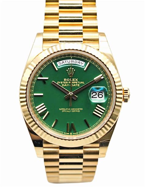 rolex yellow gold green dial day date|Rolex Day-Date 228238.